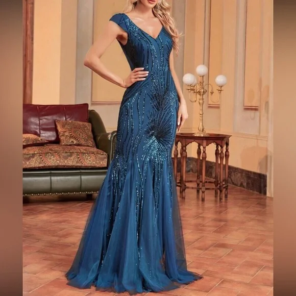 Luxe mermaid hem mesh sequins party formal dress - Picture 4 of 6